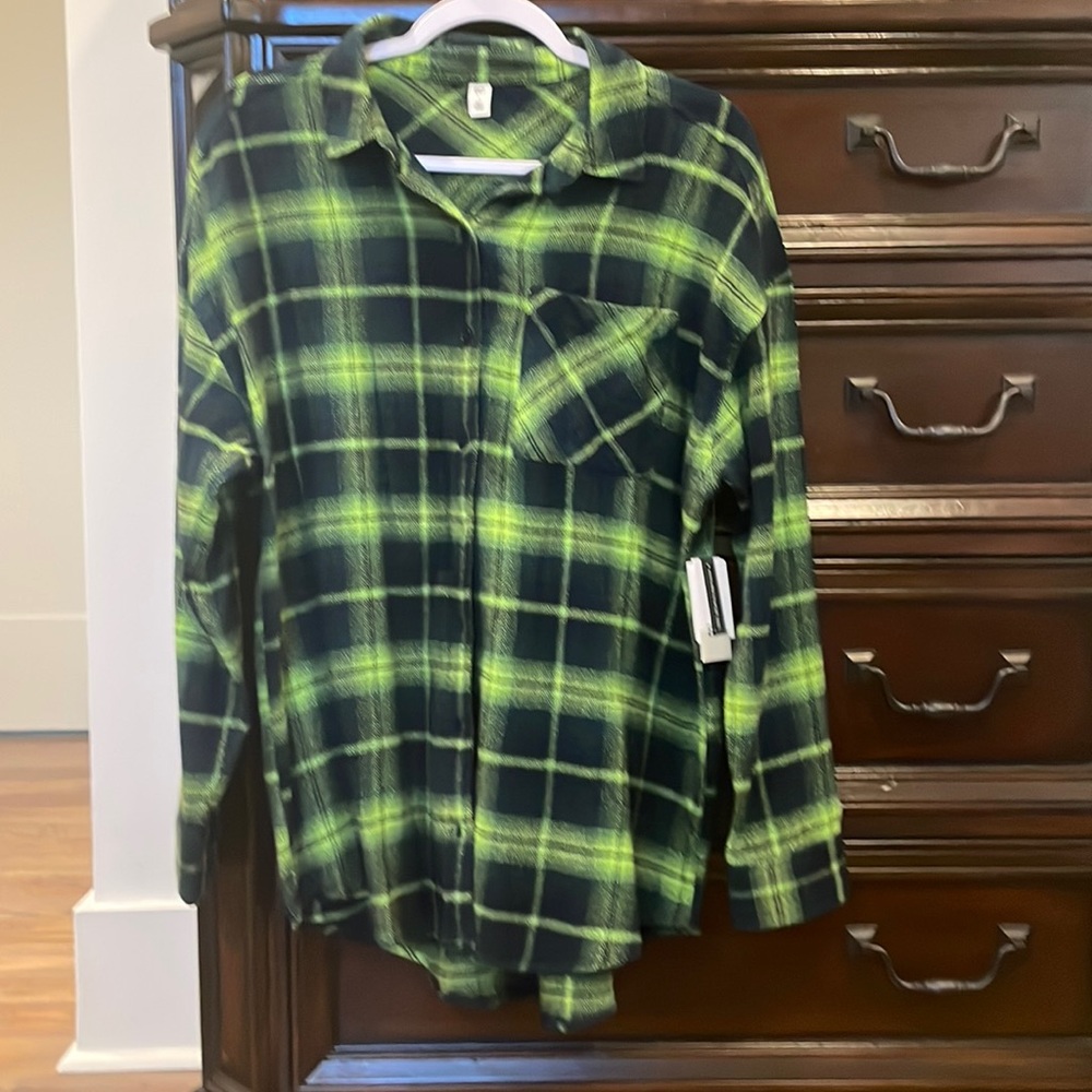 Navy and lime green plaid button down shirt